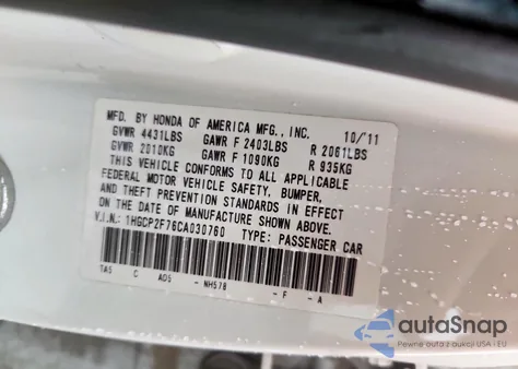 2012 Honda Accord Ex z USA, uszkodzony, nr VIN 1HGCP2F76CA030760